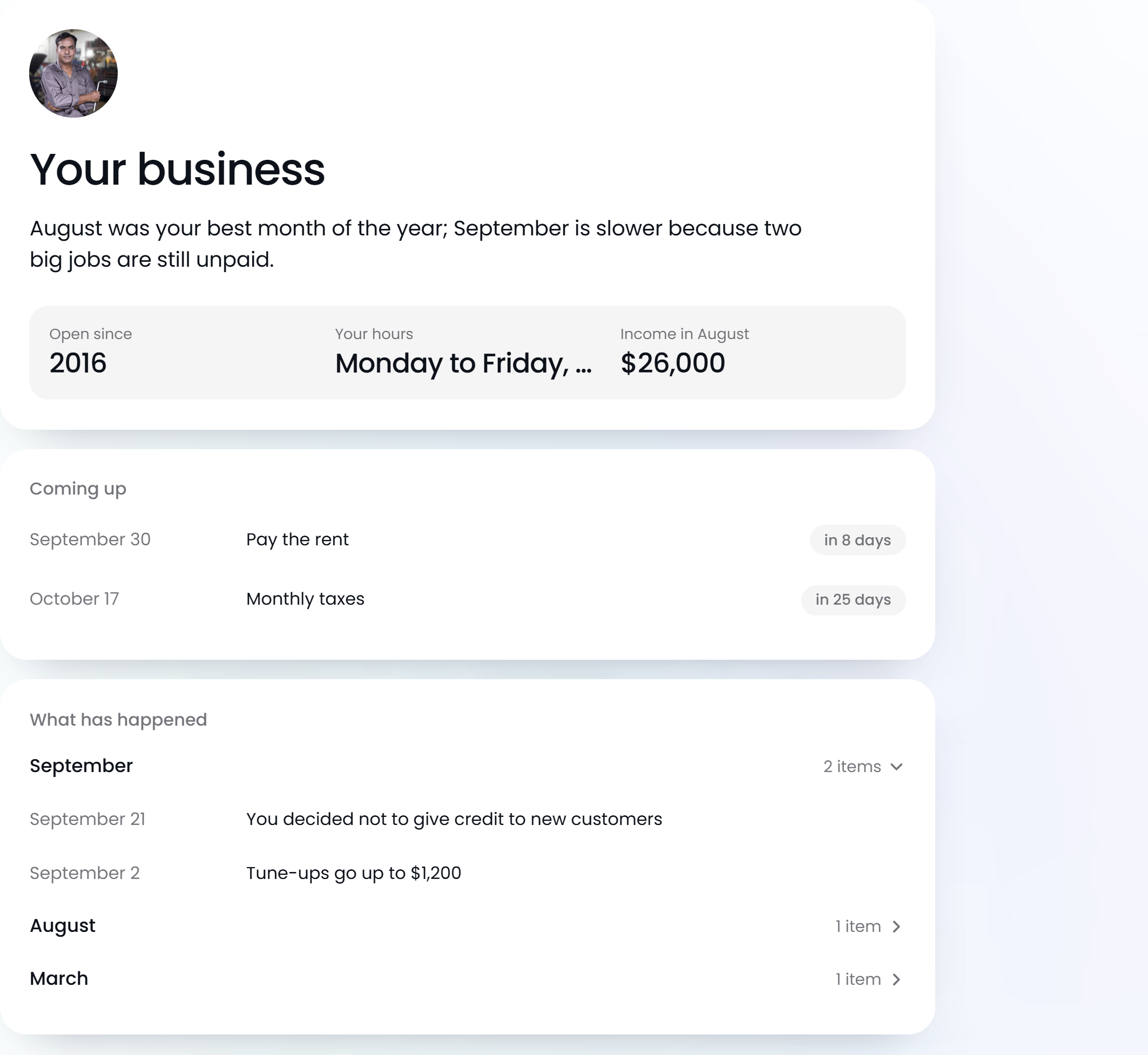 Your business: open since 2016, income in August, what's coming up (rent and taxes) and what has happened each month