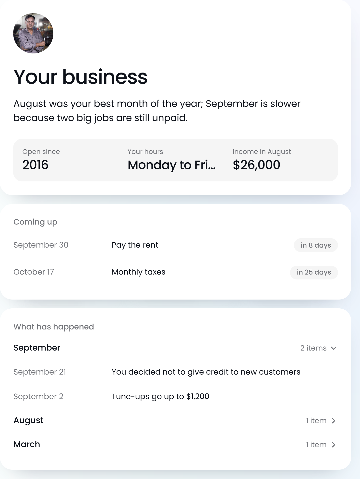 Your business: open since 2016, income in August, what's coming up (rent and taxes) and what has happened each month