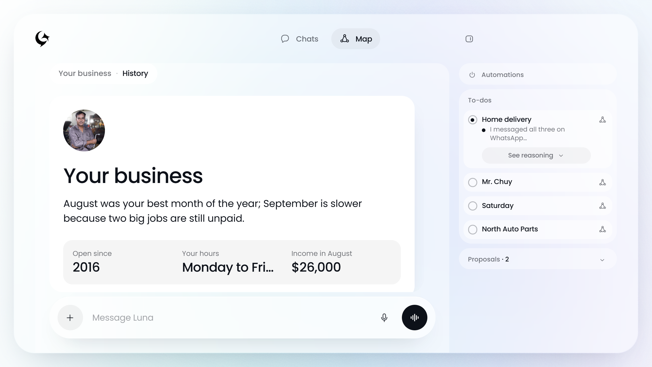 Business history in Luna Agent, with income and what's coming up